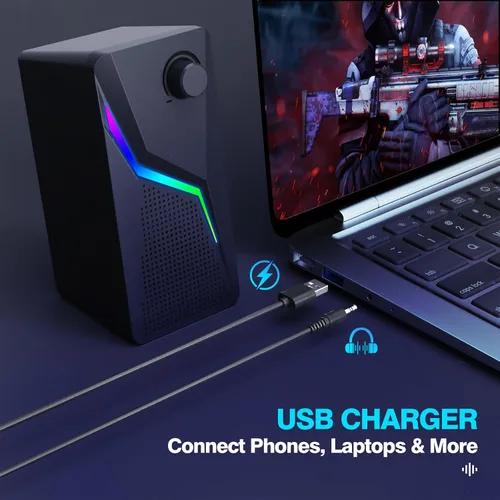 Vista 7 de Altavoces de computadora, altavoces de PC para escritorio con 6 modos de iluminación, accesorios para juegos de PC, altavoces de computadora