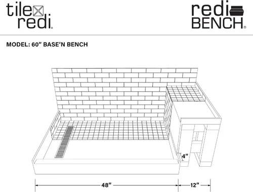 Vista 4 de Tile Redi RT3048L-SQPC-RB30-KIT - Sartén y banco de ducha con drenaje izquierdo, base de ducha de un solo bordillo, banco, drenaje de PVC de 2 Cromo