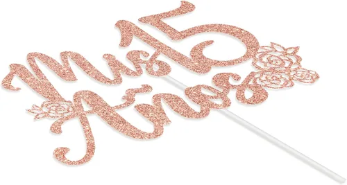 Vista 5 de Decoración para tartas Mis 15 años con purpurina de oro rosa, feliz 15 años, feliz 15 años, decoración de fiesta de cumpleaños con temática