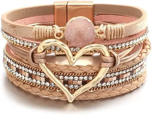 Vista 2 de Caiyao Pulsera de cuero para mujer, pulsera de cuentas con decoración en forma de corazón, pulsera de cristal bohemio con cierre magnético, pulsera