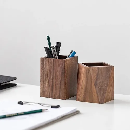 Vista 6 de Sokelinn-six Portalápices de madera de nogal, tazas de soporte de lápiz de madera, organizador estacionario de escritura de escritorio, suministros