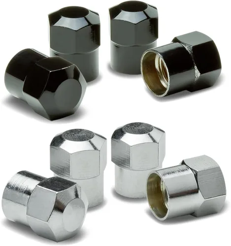 Vista 2 de Auto Dynasty Tapones hexagonales de válvula de neumático de aleación de latón recubierto y pulido de aluminio negro cromado (paquete de 4)