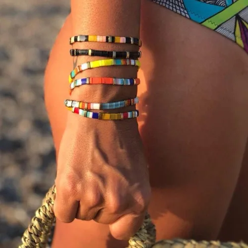 Vista 2 de Sonateomber Tila - Pulseras elásticas con cuentas planas para mujer, pulsera de cuentas coloridas