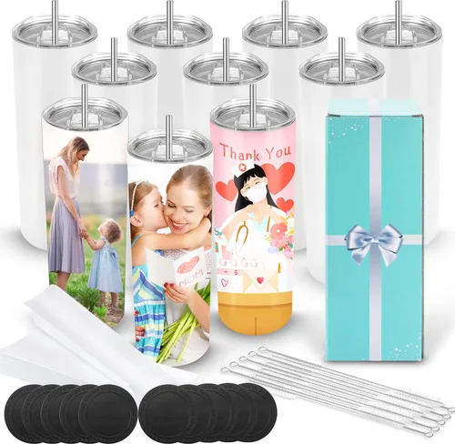 Vista 10 de D·S 1 Paquete Vasos Tumbler de Sublimación 20 oz Delgados Rectos Fondo Plano en Blanco con Caja de Regalo Individual para Transferencia de Calor