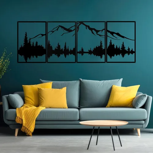 Vista 5 de YIYA 4 piezas de arte de pared de metal de montaña, decoración de pared de metal negro decorativo de bosque grande, esculturas de pared verticales