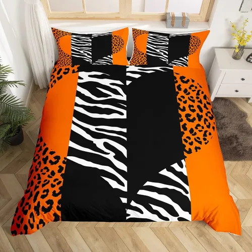 Vista 23 de Juego de funda de edredón con estampado de leopardo abstracto, tamaño individual, juegos de ropa de cama de piel de guepardo negro y gris