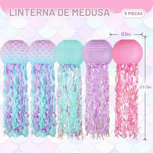 Vista 2 de Decoraciones de cumpleaños de sirena, linternas de papel de medusas rosadas lavanda azul, escamas de sirena colgantes en forma de linterna