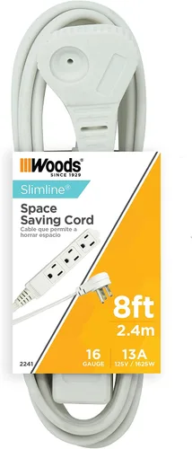 Vista 3 de Woods SlimLine Cable de extensión plano para interiores, 8 pies, enchufe de ángulo recto calibre 16, 3 tomas polarizadas, 125 voltios, blanco, 2241