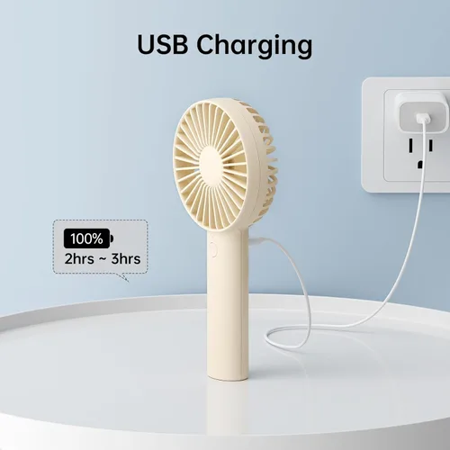 Vista 5 de JISULIFE Mini ventilador portátil de mano, potente batería de 4500 mAh, pequeño personal con 3 velocidades, recargable por USB para exteriores, Beige