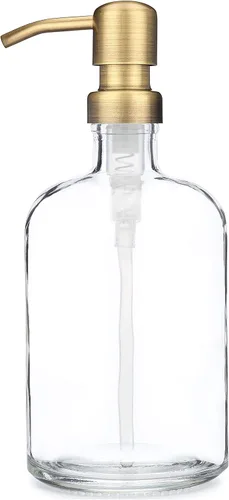 Vista 4 de Rail19 Dispensador de jabón de vidrio reciclado transparente con bomba de metal, loción, jabón líquido y aceite esencial para cocina y baño, 13.5