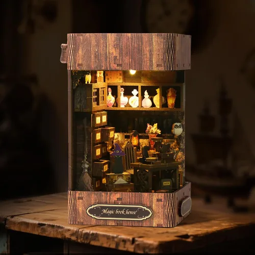 Vista 2 de Kit de rincón de libros de bricolaje – Estantería de casa de muñecas en miniatura, rompecabezas de estantería de madera 3D, rompecabezas creativo