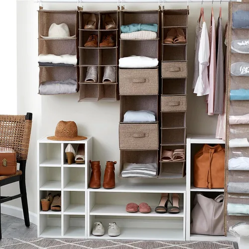 Vista 2 de Household Essentials Organizador de armario colgante de 6 estantes, estante colgante de armario, estantería de tela de lino y PEVA, beige