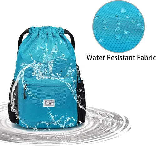 Vista 5 de FUXINGYAO Mochila deportiva con cordón y compartimento para zapatos, mochila de cuerda para mujeres y hombres (negro), Azulclaro, Sencillo y fácil