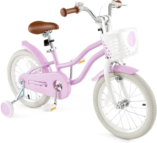 Vista 14 de HONEY JOY Bicicleta para niños de 12, 14, 16, 18, 20 pulgadas, con ruedas de entrenamiento, freno de mano y freno de posavasos, cadena totalmente