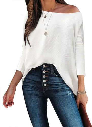 Vista 2 de Caracilia Women Boat Neck Batwing Long Sleeve 2024 Fall Oversized Ribbed Knit Pullover Sweaters Baggy Jumper Tunic Tops