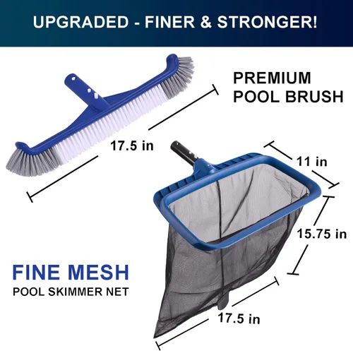 Vista 2 de Combo de red de piscina de malla fina y cabezal de cepillo, espumadera resistente con cepillos profesionales de 17.5 pulgadas para limpieza