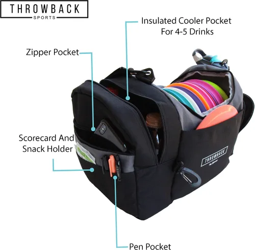 Vista 4 de The Throwback Sack – Bolsa para discos de Frisbee y golf con refrigeración y acolchado extra, correa cómoda – Para 12-15 discos y 6 bebidas frías.