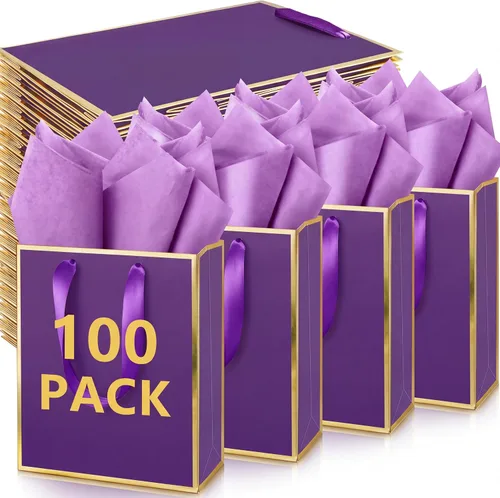 Vista 23 de Yeaqee Paquete de 100 bolsas metálicas de regalo con asa y papel de seda de papel de seda dorado para graduación, boda, padrinos de boda, regalos