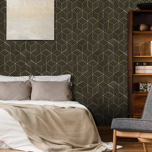 Vista 3 de WENMER Papel tapiz hexagonal geométrico de 17.7 x 118 pulgadas, para despegar y pegar, papel de contacto geométrico extraíble negro y dorado