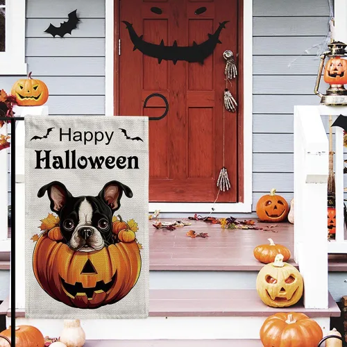 Vista 2 de Bandera de jardín de bulldog de Halloween de 12.5 x 18 pulgadas, vertical, doble cara, calabaza de Feliz Halloween, linda cachorro, decoración