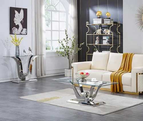 Vista 5 de 1 mesa de consola para sala de estar, mesa de entrada de cristal de lujo, moderna mesa de consola plateada con base de pedestal de acero inoxidable