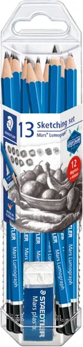 Vista 13 de Set de lápices de dibujo Staedtler Mars Lumograph de grafito, 6 grados (6B, 4B, 2B, B, HB, 2H), mini goma de borrar Mars de plástico, sacapuntas