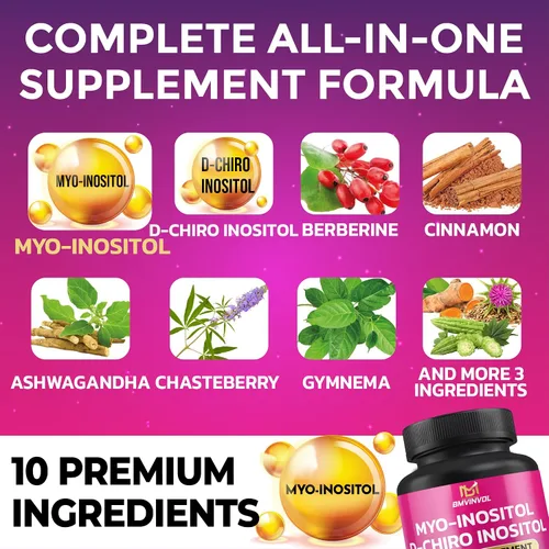Vista 5 de BMVINVOL Suplemento de inositol - Myo-inositol y D-Chiro Inositol Ideal 40:1 Proporción - Más Berberina, Canela, Ashwagandha + 5 Más - 30 Cápsulas