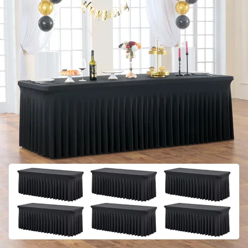 Vista 52 de Paquete de 2 manteles de elastano azul bebé de 6 pies con falda de mesa con volantes, manteles ajustables elásticos sin arrugas para mesas