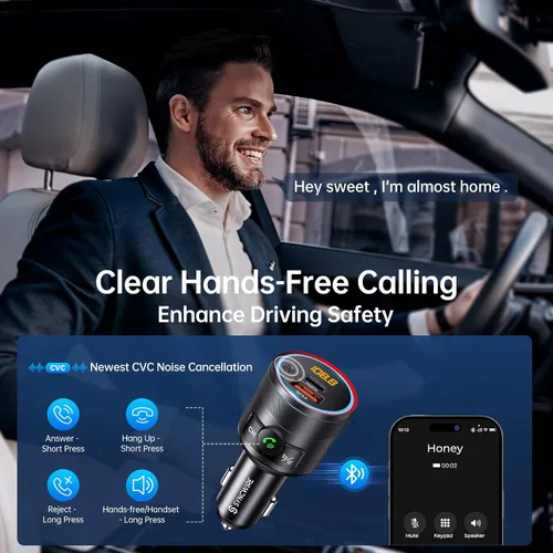 Vista 5 de Syncwire Transmisor FM Bluetooth 5.4 para coche, 38 W PD y QC3.0 Dual USB Carga Bluetooth Adaptador de coche Micrófono y sonido de graves MP3