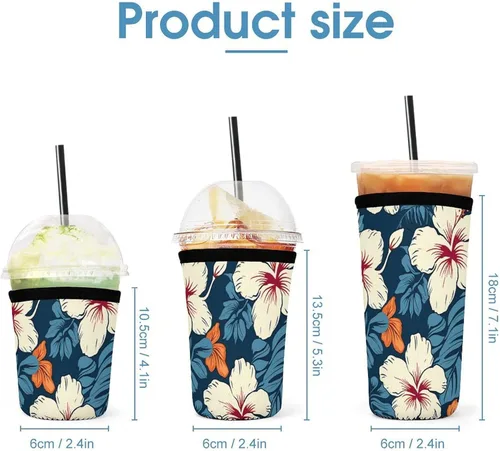 Vista 2 de Yellow Dragon Black Background Hawaii Flower Reusable Insulated Neoprene Iced Coffee Cup Sleeves 3 Sizes Diving Material Cup Durable Beverage Covers