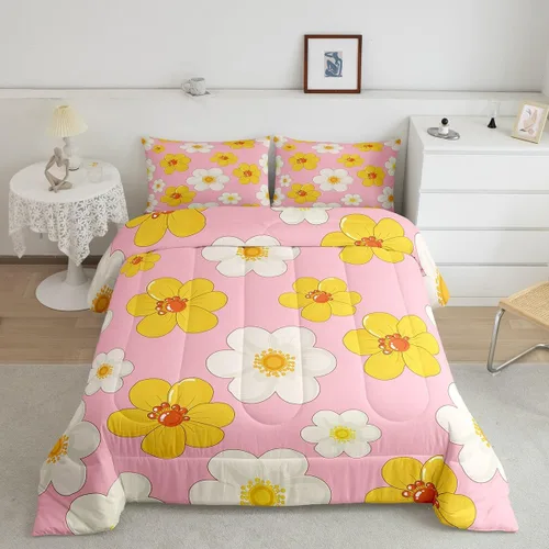 Vista 16 de Lindo juego de edredón de flores para niños y mujeres. Juego de ropa de cama de flores coloridas de dibujos animados, tamaño individual, bonito