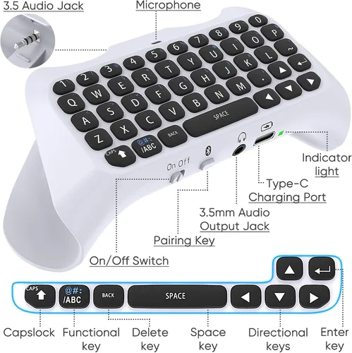 Vista 4 de Teclado de control inalámbrico para PS5, Bluetooth 3.0 Mini Gamepad portátil Chatpad con altavoz integrado y conector de audio de 0.138in