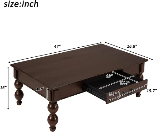 Vista 3 de Homora Mesa auxiliar rectangular de madera con cajón de almacenamiento, mesa de cóctel vintage con patas de madera maciza en forma de calabaza, mesa