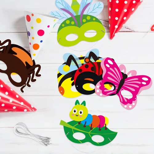 Vista 5 de CY2SIDE 30 máscaras de papel y elásticas de insectos de primavera para niños, temática de insectos de primavera, accesorios de fiesta, suministros