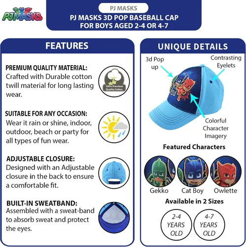 Vista 2 de PJ Masks Boys' Baseball Cap - 3D Catboy, Owlette, Gekko Curved Brim Snap Back Hat (2T-7)