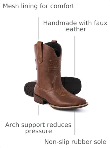 Vista 3 de Botas vaqueras para hombre - Botas vaqueras marrón con bandera con punta cuadrada, botines de piel sintética, botas para hombre vaqueras 8.5M