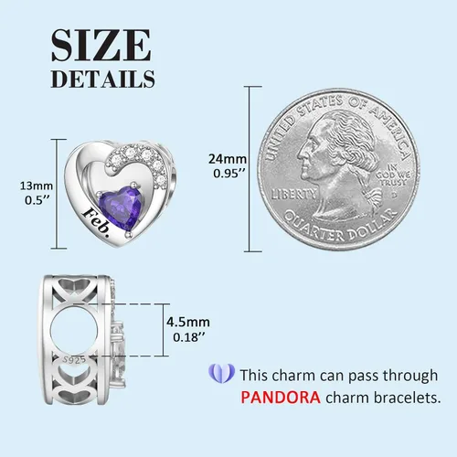 Vista 4 de SEVENWELL Birthstone Charms with Birth Month Flower Engraved Fit Charms Pandora Bracelet 925 Sterling Silver Beads Charms Happy Birthday for Women