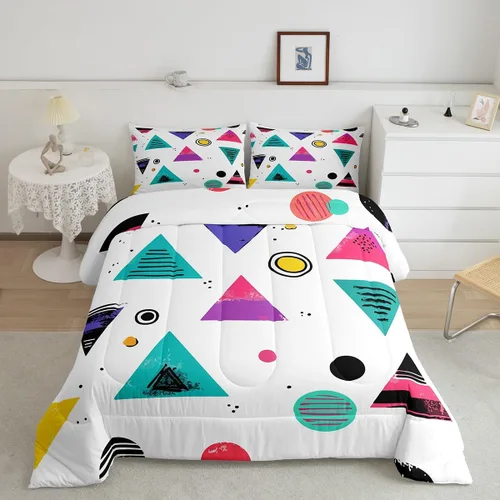 Vista 23 de Juego de edredón de estilo retro de los años 80, juego de ropa de cama de patrón geométrico abstracto, diseño urbano moderno con círculos
