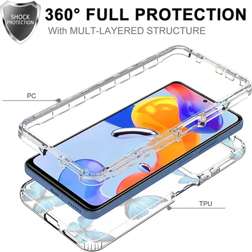 Vista 3 de Funda para Redmi Note 11 Pro 4G/Note 11E Pro con protector de pantalla de vidrio templado, patrón de mariposa transparente de cuerpo completo, funda