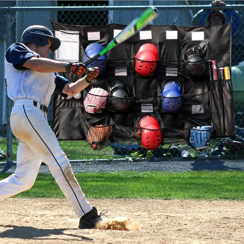 Vista 6 de QBA Bolsa colgante para casco para equipo de béisbol y softbol, organizador de casco para garaje de valla, con capacidad para hasta 15 jugadores
