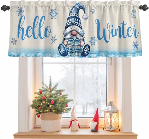 Vista 11 de Cenefa de Navidad para ventanas, cenefas de gnomo, cenefas de invierno con bolsillo para barra, tratamientos de ventana, diseño de copo de nieve