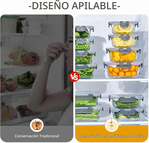 Vista 5 de 24 recipientes de vidrio para preparación de comidas, recipientes de almacenamiento de alimentos de vidrio con tapas, reutilizables, herméticos, a