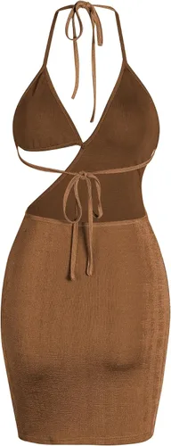 Vista 2 de ZAFUL Vestido corto de satén sedoso con corte de 2 piezas para mujer, de un hombro, para graduación, discoteca, cita, fiesta