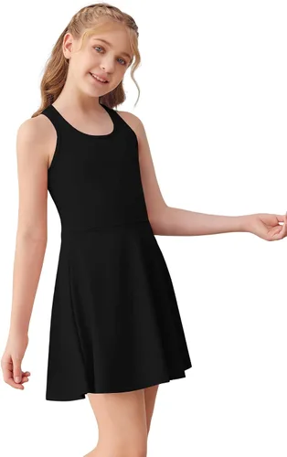 Vista 4 de Haloumoning Vestido de tenis sin mangas para niñas, vestido atlético de Negro