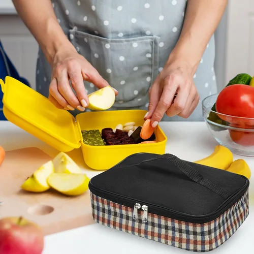 Vista 5 de PATIKIL Bolsa de almuerzo aislada de 10"x7"x3", patrón a cuadros, color negro