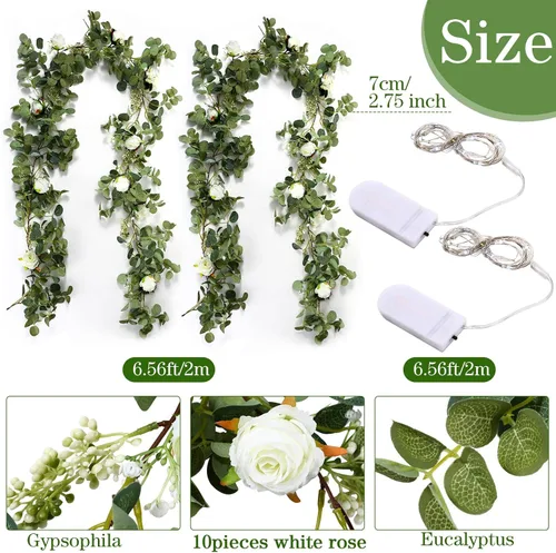 Vista 2 de Geosar - 2 guirnaldas de eucalipto de 6.5 pies con 20 luces LED, flores de rosas Artificial Flower Vines for Wedding Arch Backdrop Table