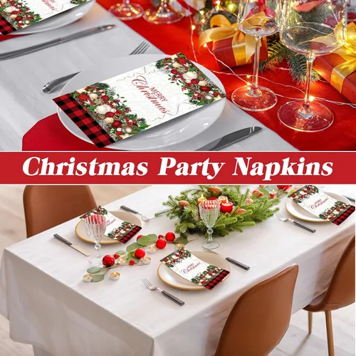 Vista 4 de Cholemy 200 servilletas de papel desechables de papel de 2 capas, diseño de bola de árbol de Navidad, diseño de Papá Noel negro, para cocina y baño