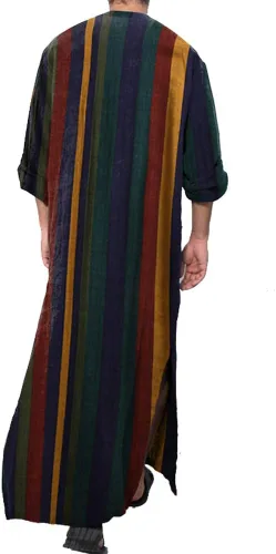Vista 2 de Hotmiss Bata a rayas para hombre con botones, manga larga, estilo caftán Thobe Splits