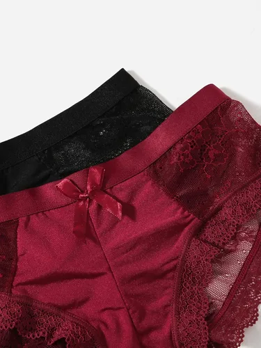 Vista 5 de OYOANGLE Conjunto de 3 bragas de encaje en contraste con ribete festoneado para mujer, conjunto de ropa interior de tiro medio