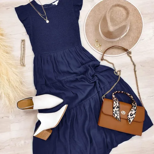 Vista 6 de MEROKEETY - Vestido midi fruncido de manga corta para mujer, vestido de verano casual, acampanado, con cintura elástica y escalonado